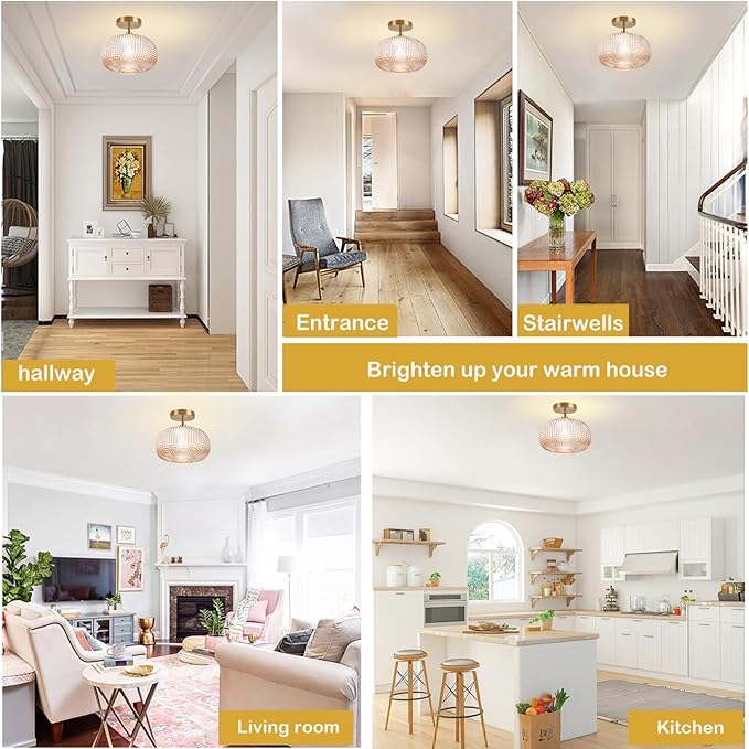 Semi Flush Mount Ceiling Light,Vintage Small Ceiling Light Fixture,Hallway Lighting Fixture with Amber Glass Shade,Art Deco Kitchen Lighting Fixtures Ceiling for Bedroom,Bathroom,Porch