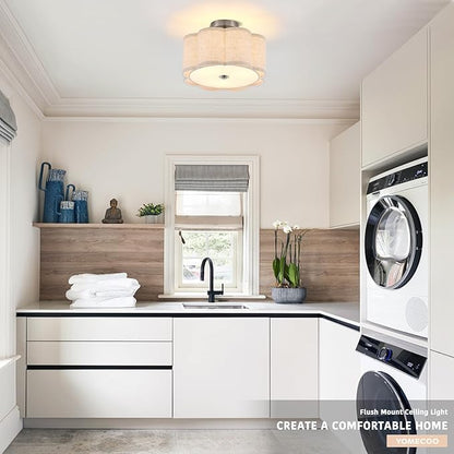 Semi Flush Mount Ceiling Light, Beige Linen Fabric Shade Ceiling Light, Chrome Modern Farmhouse Close to Ceiling Light for Bedroom, Hallway, Living Room, Dining Room, Laundry Room
