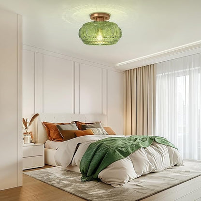 Semi Flush Mount Ceiling Light, Upgraded Larger Green Glass Ceiling Light Fixture, Vintage Lighting for Hallway Kitchen Bedroom Dining Room, Bulb Not Included