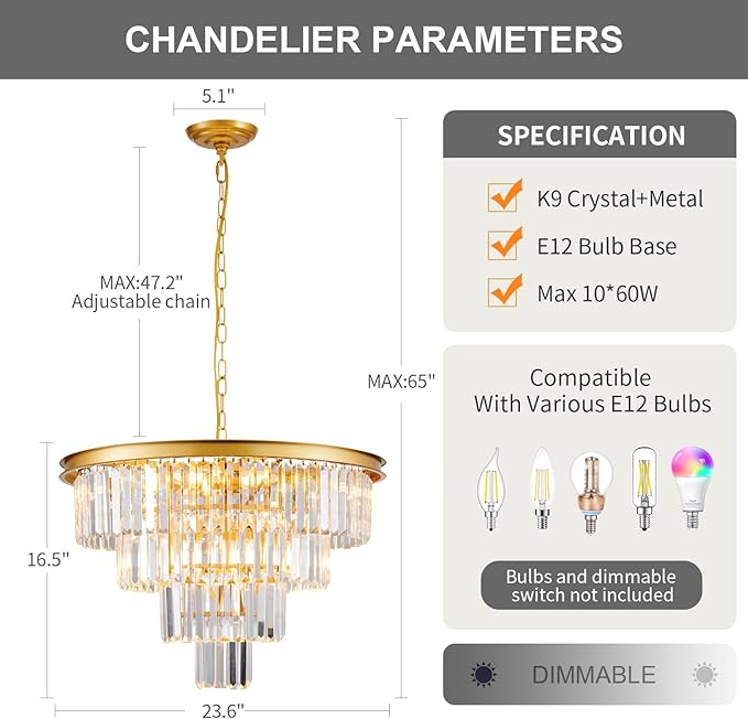 10 Light Modern Gold Crystal Chandelier for Dining Room 24'' Dining Room Light Fixture Contemporary Pendant Round 4-Tier Adjustable Height for Living Room, Foyer, Entryway, Bedroom