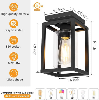 Baocuz Semi Flush Mount Ceiling Light Fixture, Black Metal Frame Porch Ceiling Light Fixture with Clear Glass Shade and E26 Ceramic Base, Farmhouse Light Fixtures for Kitchen Entryway Foyer