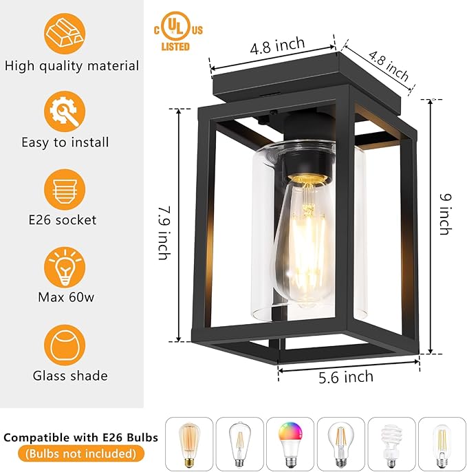 Baocuz 2 Pack Semi Flush Mount Ceiling Light Fixture, Black Metal Frame Porch Ceiling Light Fixture with Clear Glass Shade and E26 Ceramic Base, Farmhouse Light Fixtures for Kitchen Entryway Foyer