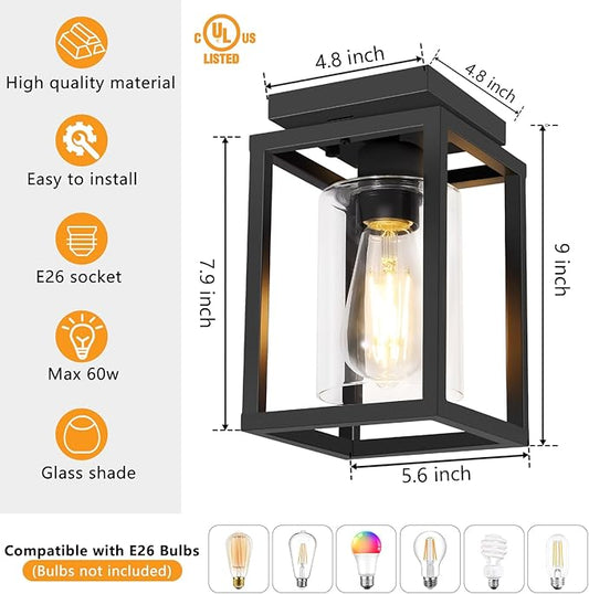 Baocuz 2 Pack Semi Flush Mount Ceiling Light Fixture, Black Metal Frame Porch Ceiling Light Fixture with Clear Glass Shade and E26 Ceramic Base, Farmhouse Light Fixtures for Kitchen Entryway Foyer