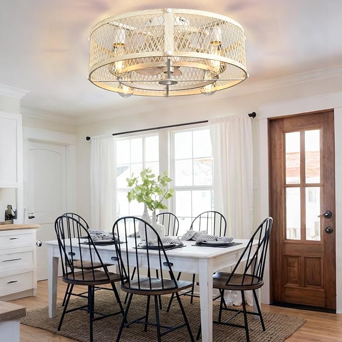 Depuley Flush Mount Ceiling Fan: 20" Caged Ceiling Fans with Lights and Remote Control for Kitchen Bedroom Farmhouse - Rustic Low Profile Ceiling Fandelier Lights Reversible 6 Speed Timer Cement