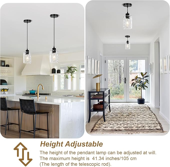2 Pack Black Pendant Lights Kitchen Island, Adjustable Modern Glass Pendant Light Fixtures Hanging Light Fixture with Hammerde Glass Shade for Bedroom Dining Room Living Room Entryway
