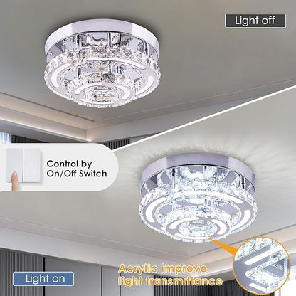 Modern Crystal Chandelier LED Flush Mount Ceiling Light Fixture 11.4" Round Small Crystal Ceiling Lights for Bedroom Kitchen Hallway (Cool White)