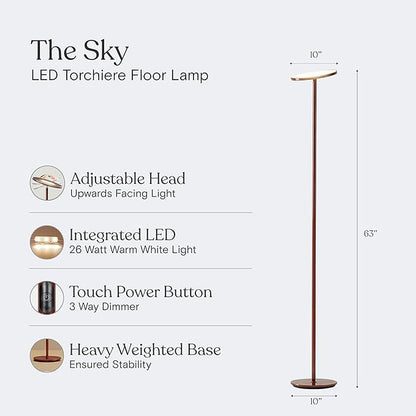 Brightech Sky LED Floor lamp, Torchiere Super Bright Floor Lamp for Living Room Decor & Office - Dimmable, Tall Standing Lamp with Warm Light for Bedroom & Reading - Red