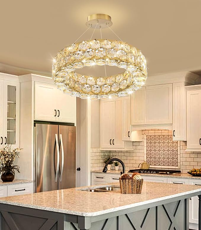 Crystal Chandeliers Modern Rings Pendant Light LED Dimmable Ceiling Light for Bedroom Dinning Room Kitchen Gold