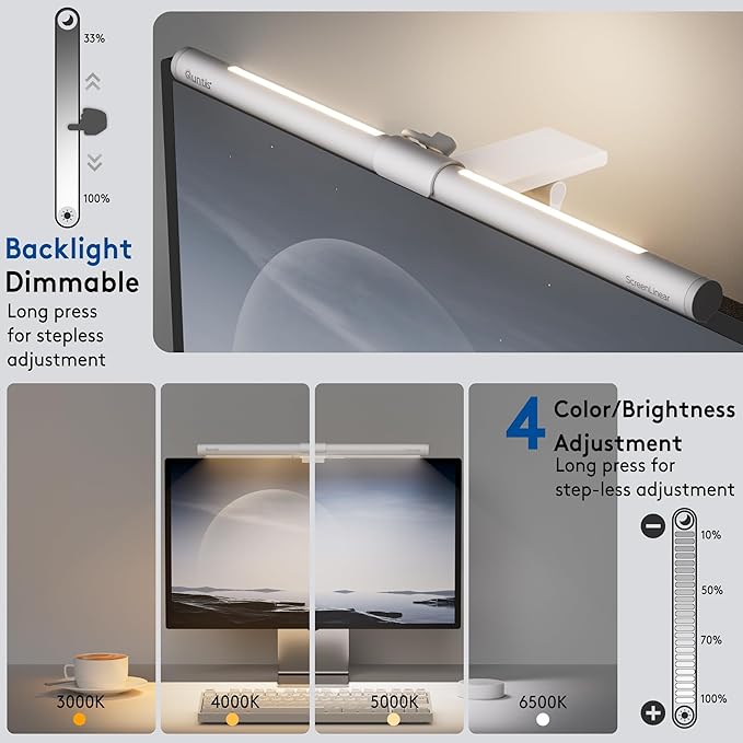 Quntis Monitor Light Bar with Remote, Eye-Care No Glare, Space Saving Home Office Desk Lamp, White, Stepless Dimming, Easy Setup LED Computer Light Backlight for Curved Gaming Monitors Reading Study