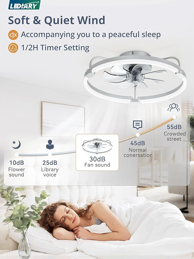 LEDIARY 2 Pack Ceiling Fans with Lights and Remote, 20'' Low Profile Ceiling Fan with Light, 3000-6000K Dimmable Fandelier LED Fan Light, 6 Wind Speeds, Grey Flush Mount Ceiling Fan for Bedroom