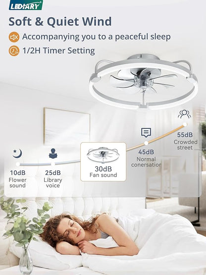 LEDIARY 2 Pack Ceiling Fans with Lights and Remote, 20'' Low Profile Ceiling Fan with Light, 3000-6000K Dimmable Fandelier LED Fan Light, 6 Wind Speeds, Grey Flush Mount Ceiling Fan for Bedroom