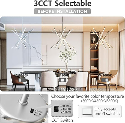 Modern Chandelier Light Fixtures - LED 6-Lights Silver Dining Room Linear Chandeliers Sputnik Pendant Lights Fixture Over Table 3000K 4500K 6000K Dimmable for Living Room Kitchen Island