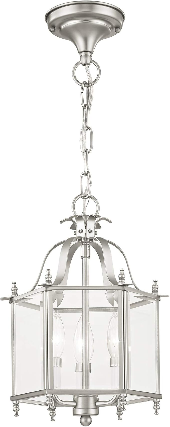 Livex Lighting 4403-91 Home Basics 3 Light Brushed Nickel Hanging Lantern or Flush Mount Chandelier with Clear Beveled Glass
