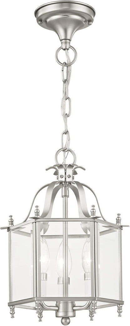 Livex Lighting 4403-91 Home Basics 3 Light Brushed Nickel Hanging Lantern or Flush Mount Chandelier with Clear Beveled Glass