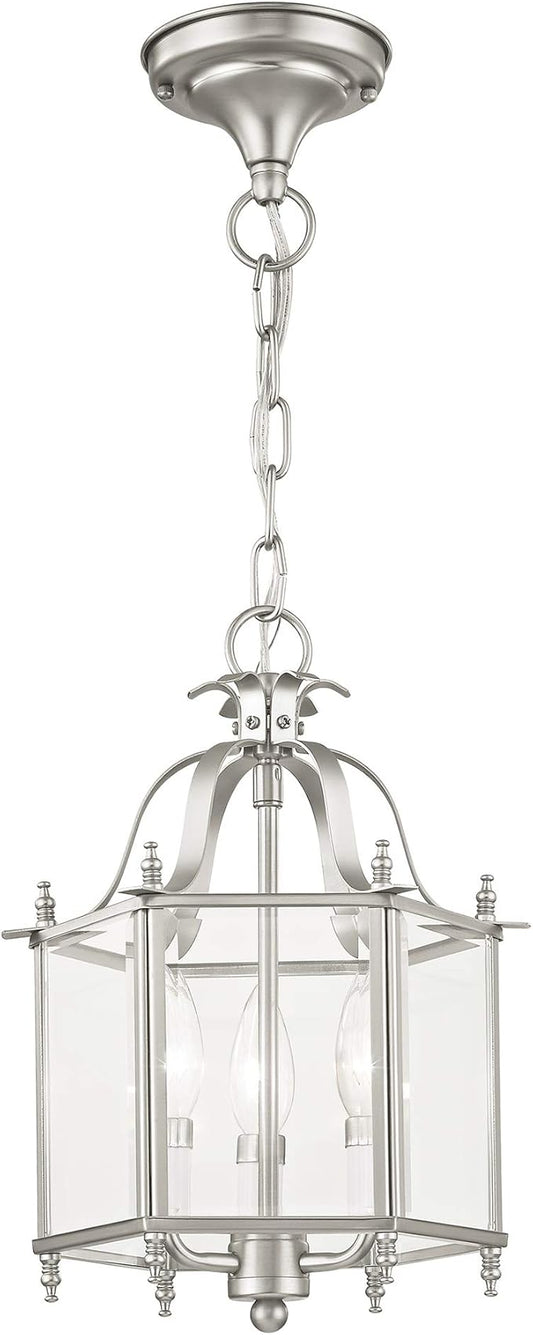 Livex Lighting 4403-91 Home Basics 3 Light Brushed Nickel Hanging Lantern or Flush Mount Chandelier with Clear Beveled Glass