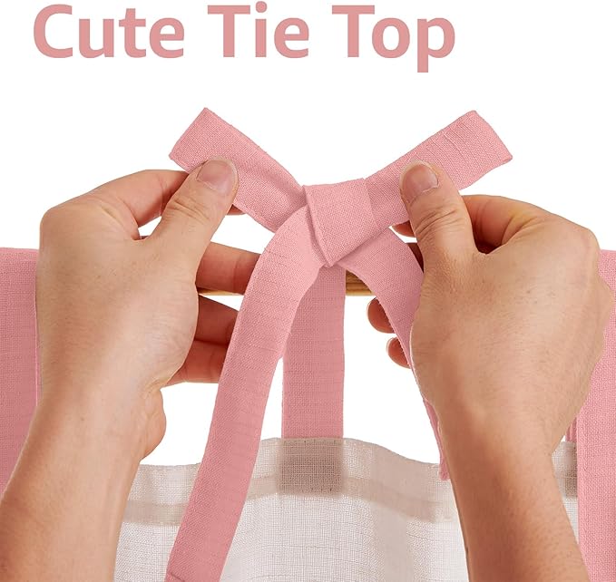 jinchan Linen Tie Top Curtains 24 Inch Length Farmhouse Cafe Curtains Set of 2 for Bedroom Bathroom Rustic Small Windows Light Filtering White Panels with Pink Ties