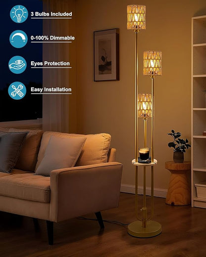 63IN Dimmable Floor Lamp with Shelf, Gold Rattan Tall Standing Lamps Candle Holder Style, 3000K Warmwhite Mid Century Modern Floor Lamp with 5Lbs Heavy Base for Living Room (Bulbs Included)