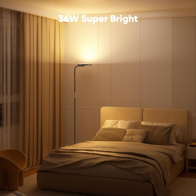 SIBRILLE 36W LED Floor Lamp, Super Bright Standing Lamp, Modern Stepless Dimmable Torchiere Tall Lamp with Remote Control, 350°Rotating Head Reading Floor Lamp for Living Room, Bedroom, Office