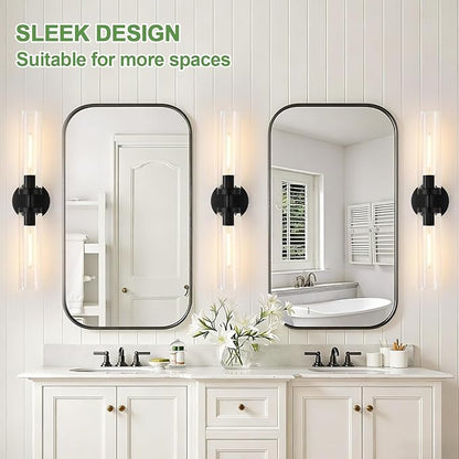 Indoi Matte Black Wall Sconces, Hardwired Bathroom Sconces Wall Lighting with Clear Glass, Modern Sconces Wall Light fixtures for Bathroom Mirror Living Room Hallway Bedroom