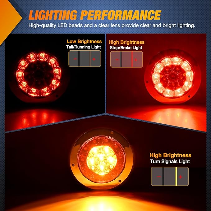 Nilight Trailer Tail Light 2PCS 4Inch Round 16 LED Red Amber Chrome Frame Marker Clearance Stop Brake Turn Signal Running Taillight IP67 Waterproof for Trailer Truck Pickup Camper RV