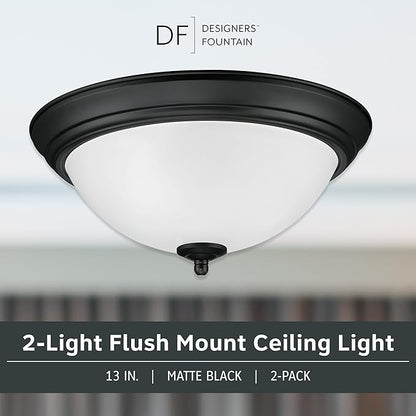 Designers Fountain Flush Mount Ceiling Light, 2-Pack, 13 Inch Frosted Glass Lighting Fixture for Kitchen, Bedroom, Bathroom, and Hallway, LED Bulbs Not Included, Matte Black