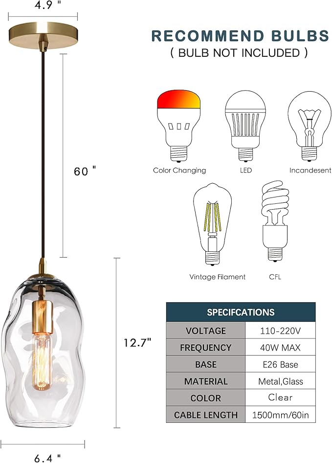 CASAMOTION Modern Pendant Lights Kitchen Island Large Gold Hanging Light Fixtures for Dining Table Blown Art Glass Clear Organic Globe Bedroom Foyer Entryway Hallway Lamp 12 Inch 1 Pack