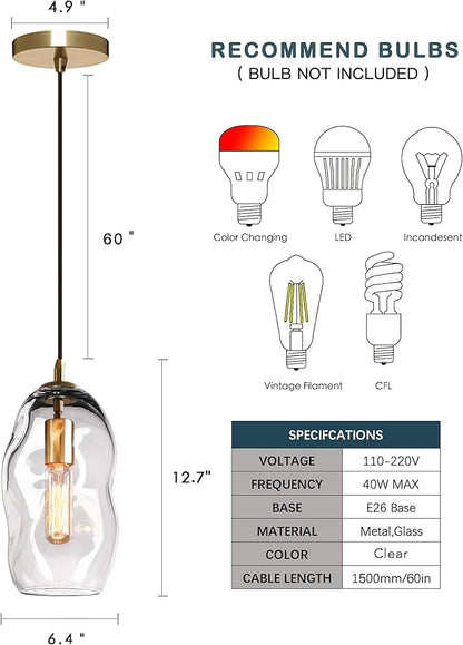 CASAMOTION Modern Pendant Lights Kitchen Island Large Gold Hanging Light Fixtures for Dining Table Blown Art Glass Clear Organic Globe Bedroom Foyer Entryway Hallway Lamp 12 Inch 1 Pack