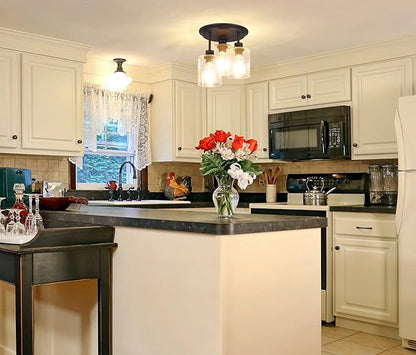 Semi Flush Mount Ceiling Light with Seeded Glass Shades for Kitchen Hallway and Dining Room, 3-Lights Rustic Ceiling Light Fixtures in Oil Rubbed Bronze.