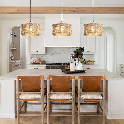 Hand-Woven Rattan Pendant Light, 11.8" Bohemian 1-Light Natural Wicker Hanging Lighting Fixture Ceiling Farmhouse Basket Hanging Lamp Chandelier for Kitchen Island, Living Dining Room