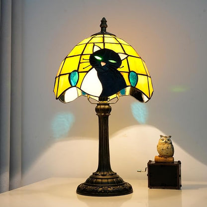 Tiffany Stained Glass Small Cat Table Lamp Elegant Cute Vintage Style White Black Cat Lamp for Nightstand Bedroom Home Decor Kitchen Counter Antique Living Room Office Desk Bedside Night Lamps