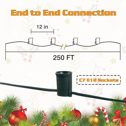 250FT C7 Light String Christmas Stringer, E12 Christmas Sockets 12" Spacing, C7 Stringer Set Green Outdoor String Light for Wedding Patio Event Lighting Decor, Green Wire