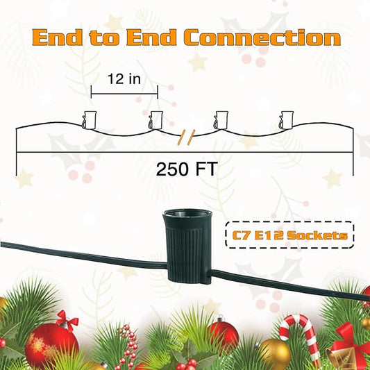 250FT C7 Light String Christmas Stringer, E12 Christmas Sockets 12" Spacing, C7 Stringer Set Green Outdoor String Light for Wedding Patio Event Lighting Decor, Green Wire