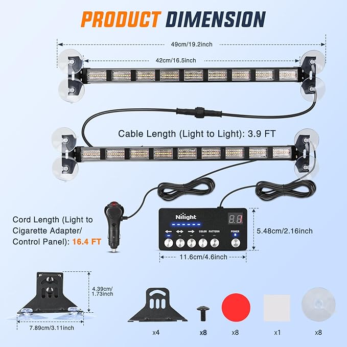 Nilight 162 LED Traffic Advisor Strobe Light Bar 2-in-1 Red White Emergency Warning Hazard Lights with Controller 4 Switchable Color 36 Flash Pattern for Trucks Cars Tow Plow Construction Vehicles