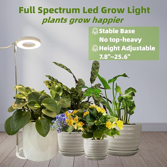 LED Grow Light for Indoor Plants, Full Spectrum led Grow Light,Mini Halo Grow Lights for Small Plants,Height Adjustable Growing Lamp,3 Modes,3/9/12h Automatic Timer,10 Dimmable Brightness