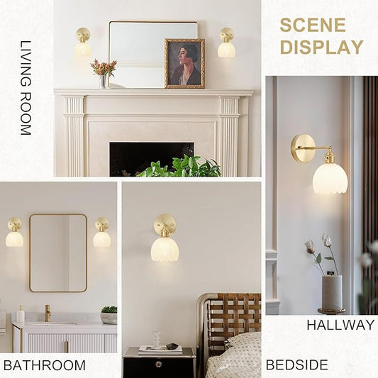 Hardwired Wall Sconce Light, Vintage Wall Sconce with Switch, Gold Wall Light Fixture with Tulip Milk White Glass Lampshade, Indoor Wall Light for Bedroom Bathroom, Bedside Wall Lamp
