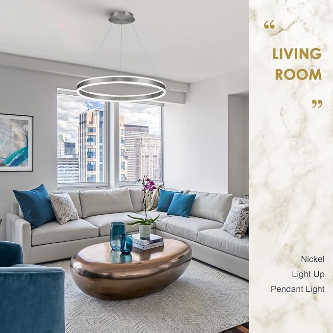 Nickel 23.6" LED Ring Chandeliers Ceiling Light with Remote Control Circular LED Pendant Lighting for Dining Room Living Room Office 40W Upward and Downward Lighting