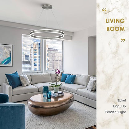 Nickel 23.6" LED Ring Chandeliers Ceiling Light with Remote Control Circular LED Pendant Lighting for Dining Room Living Room Office 40W Upward and Downward Lighting