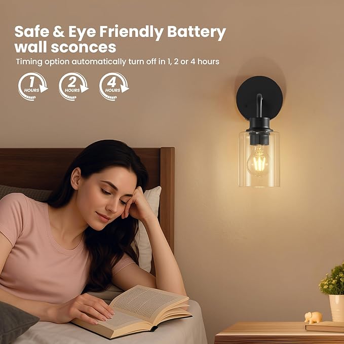 Epinl Battery Operated Black Wall Sconce Set of 2, Wireless Rechargeable Wall Lights with Remote Control, Dimmable Wall Lamp for Bedroom Living Room Hallway