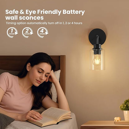 Epinl Battery Operated Black Wall Sconce Set of 2, Wireless Rechargeable Wall Lights with Remote Control, Dimmable Wall Lamp for Bedroom Living Room Hallway