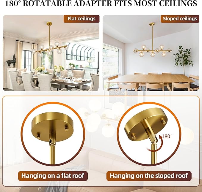 Mid Century Modern Sputnik Chandeliers: 9-Light Contemporary Linear Brass Gold Light Fixture for Dining Room Table - 40" Long Swirled Clear Glass Globe High Chandelier for Living Room Kitchen Island
