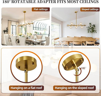 Mid Century Modern Sputnik Chandeliers: 9-Light Contemporary Linear Brass Gold Light Fixture for Dining Room Table - 40" Long Swirled Clear Glass Globe High Chandelier for Living Room Kitchen Island
