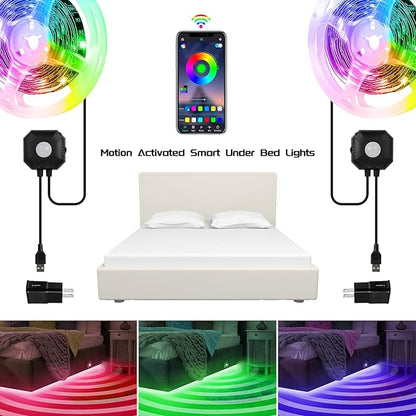Under Bed Lights 2 Set*9.84ft Motion Activated RGB LED Strip Light, App Control/Variety Color/Dimmable/Dynamic Music Sync/5V USB, Motion Sensor LED Strip Light for Bed Cabinet Staircase Bedroom