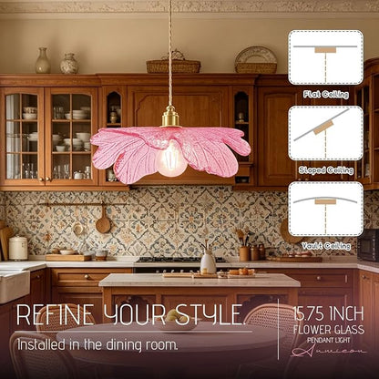 Art Decor Leaf Pendant Light Modern Hanging Ceiling Light Large Vintage Retro Pendant Lights 15.75" Pink Glass Shade for Kitchen Island Dining Room Entryway