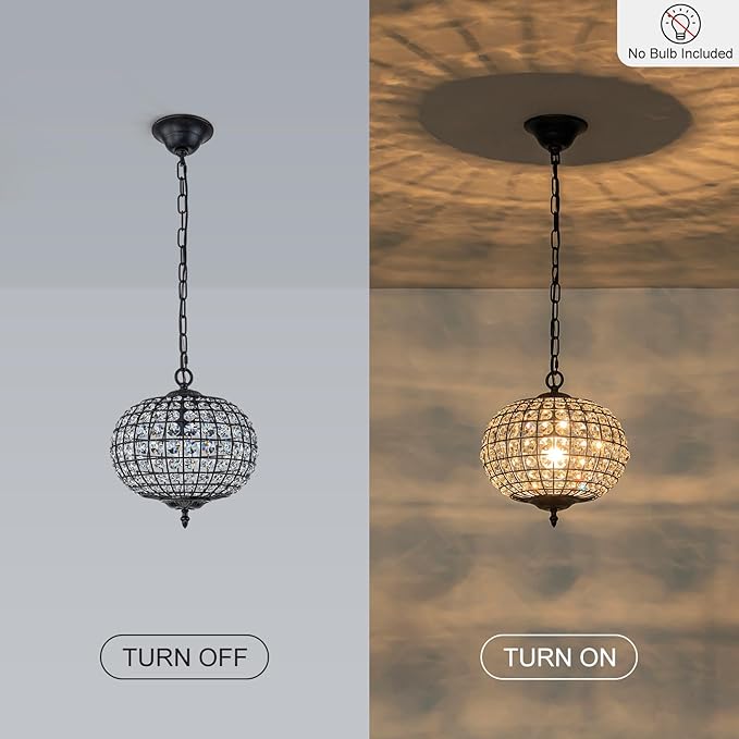 Globe Chandelier, 12" Vintage Crystal Black Dining Room Light Fixture with Gold Accents Crystal Pendant Light Antique Foyer Chandeliers for Bedroom Living Room Hallway Entryway