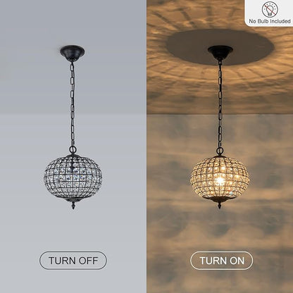Globe Chandelier, 12" Vintage Crystal Black Dining Room Light Fixture with Gold Accents Crystal Pendant Light Antique Foyer Chandeliers for Bedroom Living Room Hallway Entryway