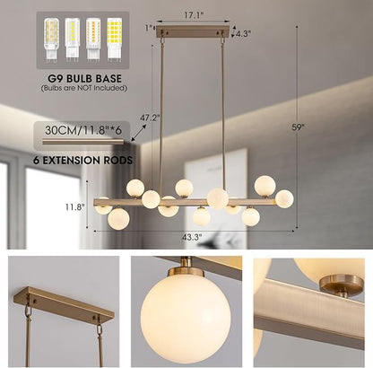 12 Lights Modern Gold Chandelier, L43.3 Linear Frosted Glass Globe Pendant Light, Mid Century Hanging Lighting Fixture for Kitchen Island, Dining Room, Living Room