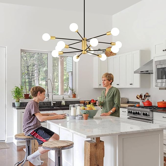 AMZASA Sputnik Chandeliers Ceiling Light Fixture, 12 Lights Modern Farmhouse Chandelier Black and Gold Mid Century Pendant Light for Dining Room, Living Room, Kitchen Island Entryway Foyer, UL Listed