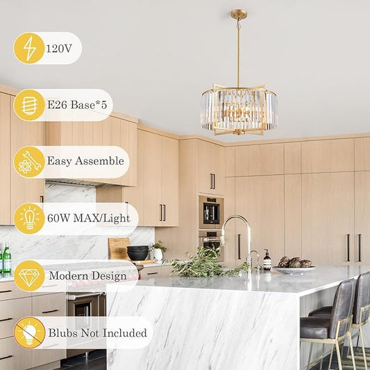 Modern Drum Crystal Chandelier for Dining Room, 20" Round Rustic 5-Light Gold Pendant Lightting Fixture for Living Room Kitchen Island Bedroom Hallway Foyer