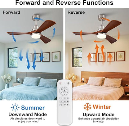 42 Inch Wood Ceiling Fans with Lights and Remote, Brushed Nickel Outdoor Ceiling Fan with Light, Dimmable 3 Blades Outdoor Fans for Patios Noiseless Modern Ceiling Fans for Bedroom Living Room