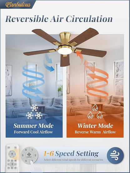 Fanbulous 42 inch ceiling fan with light, Low Profile Ceiling Fan with Light, App&Remote Control, Dimmable LED Light, Flush Mount Ceiling Fan for Indoor Bedroom Living Room, Qiuet DC Motor